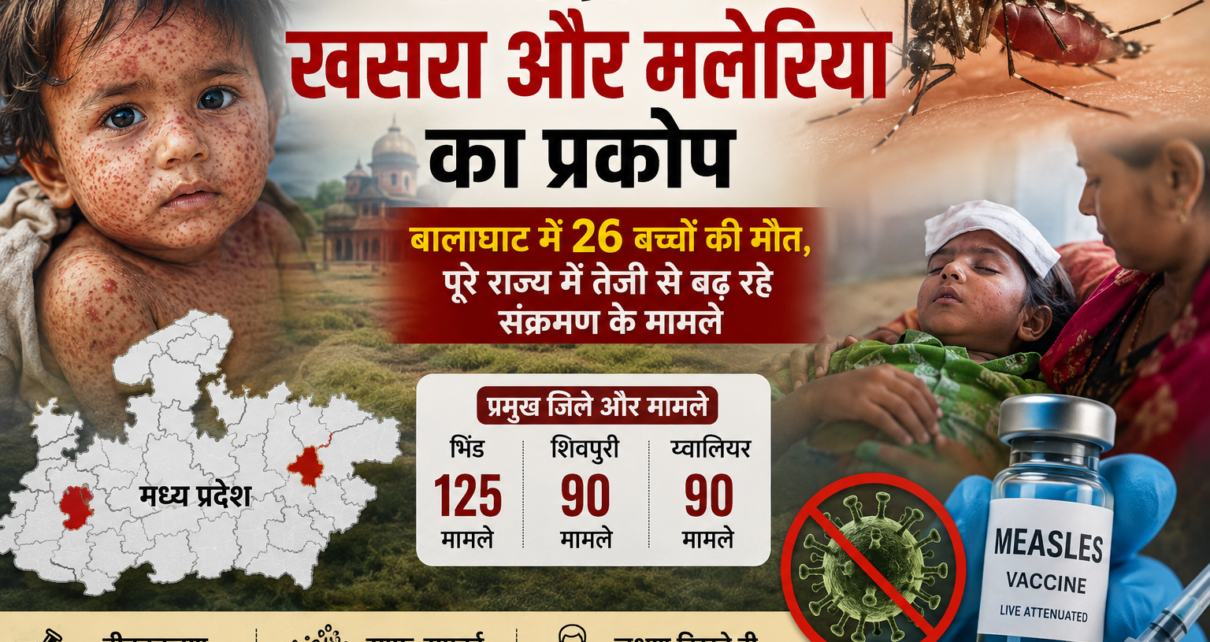 एग्रसर इंडिया (AgrasarIndia) भोपाल डेस्क टीम मध्य प्रदेश में खसरा और मलेरिया का प्रकोप: बालाघाट में 26 बच्चों की मौत, पूरे राज्य में तेजी से बढ़ रहे संक्रमण के मामले भोपाल: मध्य प्रदेश के कई जिलों में खसरा, मलेरिया और कुपोषण का मिला-जुला प्रकोप गंभीर रूप लेता जा रहा है। स्वास्थ्य विभाग के आंकड़ों के अनुसार, अकेले बालाघाट जिले में इन बीमारियों की चपेट में आने से 26 बच्चों की मौत हो गई है। पिछले साल पूरे प्रदेश में खसरे के कुल 1,800 मरीज मिले थे, जबकि इस साल शुरुआती आठ महीनों में ही यह आंकड़ा 1,450 के पार पहुंच चुका है। विशेषज्ञों का अनुमान है कि यदि यही रफ्तार रही, तो साल के अंत तक यह संख्या ढाई हजार तक पहुंच सकती है। मुख्य बिंदु (Highlights) बालाघाट में सबसे गंभीर स्थिति: बालाघाट में जुलाई से अगस्त के बीच खसरे के 40 से अधिक संक्रमित मरीज सामने आए हैं, जहां कुपोषण और मलेरिया के साथ मिलकर इस संक्रमण ने बच्चों की जान ली है। विभिन्न जिलों के आंकड़े: वर्तमान में खसरे के सबसे अधिक 125 मामले भिंड जिले में दर्ज किए गए हैं। इसके अलावा शिवपुरी और ग्वालियर में भी लगभग 90-90 रोगी चिह्नित किए गए हैं। संक्रमण का चक्रीय पैटर्न: पूर्व राज्य टीकाकरण अधिकारी डॉ. संतोष शुक्ला के अनुसार, खसरे का संक्रमण हर चौथे वर्ष तेजी से बढ़ता है (जैसे वर्ष 2022 में बढ़ा था और अब 2026 में इसके मामले बढ़े हैं)। हालांकि इसका आम की बौर से कोई संबंध नहीं है, लेकिन दोनों का चक्र अक्सर साथ-साथ देखा जाता है। संक्रमण की तीव्रता और रोकथाम के उपाय तेजी से फैलने वाला संक्रमण: शिशु रोग विशेषज्ञों के मुताबिक, खसरे का संक्रमण बेहद तेजी से फैलता है। एक संक्रमित व्यक्ति से 1 साल से लेकर 20 अन्य स्वस्थ लोगों तक इसके फैलने का खतरा रहता है। बचाव और सतर्कता: इस पर नियंत्रण का सबसे प्रभावी तरीका बीमारी की तुरंत पहचान, समय पर उपचार और टीकाकरण है। विशेषज्ञों का सुझाव है कि पहला केस सामने आते ही इसकी सूचना तुरंत मुख्य चिकित्सा एवं स्वास्थ्य अधिकारी (CMHO) तक पहुंचाई जानी चाहिए। लोगों को इस संक्रामक बीमारी के प्रति जागरूक करने के लिए हर साल 16 मार्च को 'खसरा दिवस' मनाया जाता है, ताकि समय रहते टीकाकरण और एहतियात बरती जा सके।